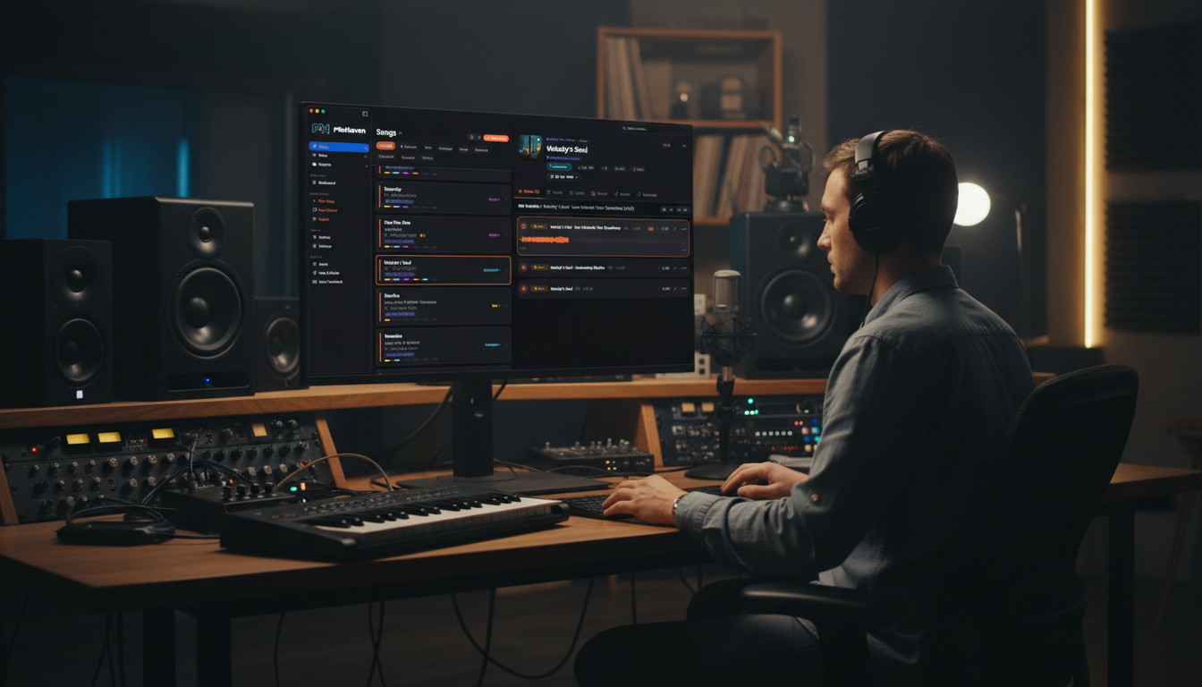 Producer working at a desk managing music projects with MixHaven