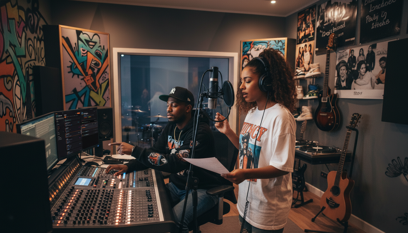 Vocalist and engineer in a recording session tracked with MixHaven