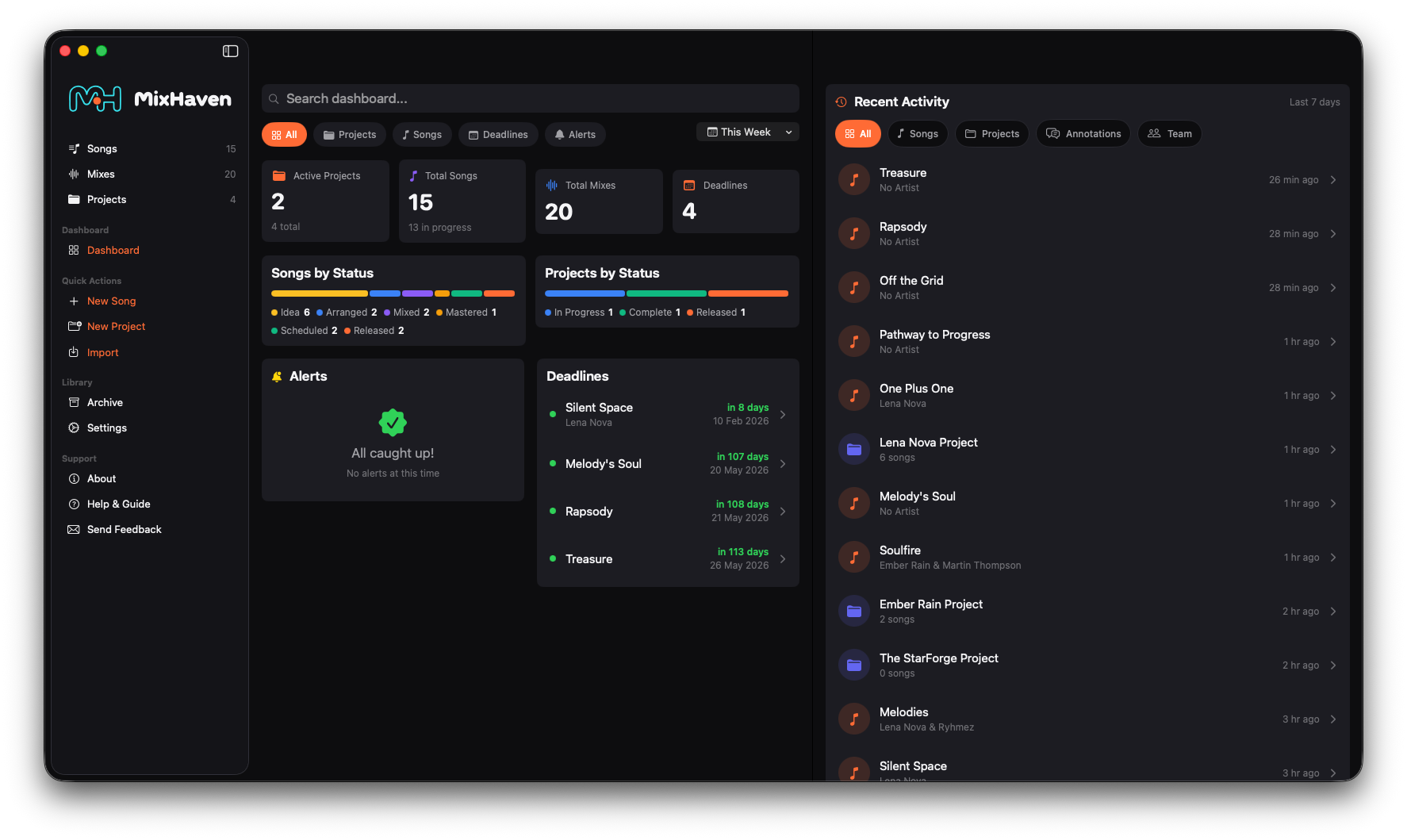 MixHaven mission control dashboard showing active music projects, status pipeline from Idea to Mastered, deadlines, and recent activity