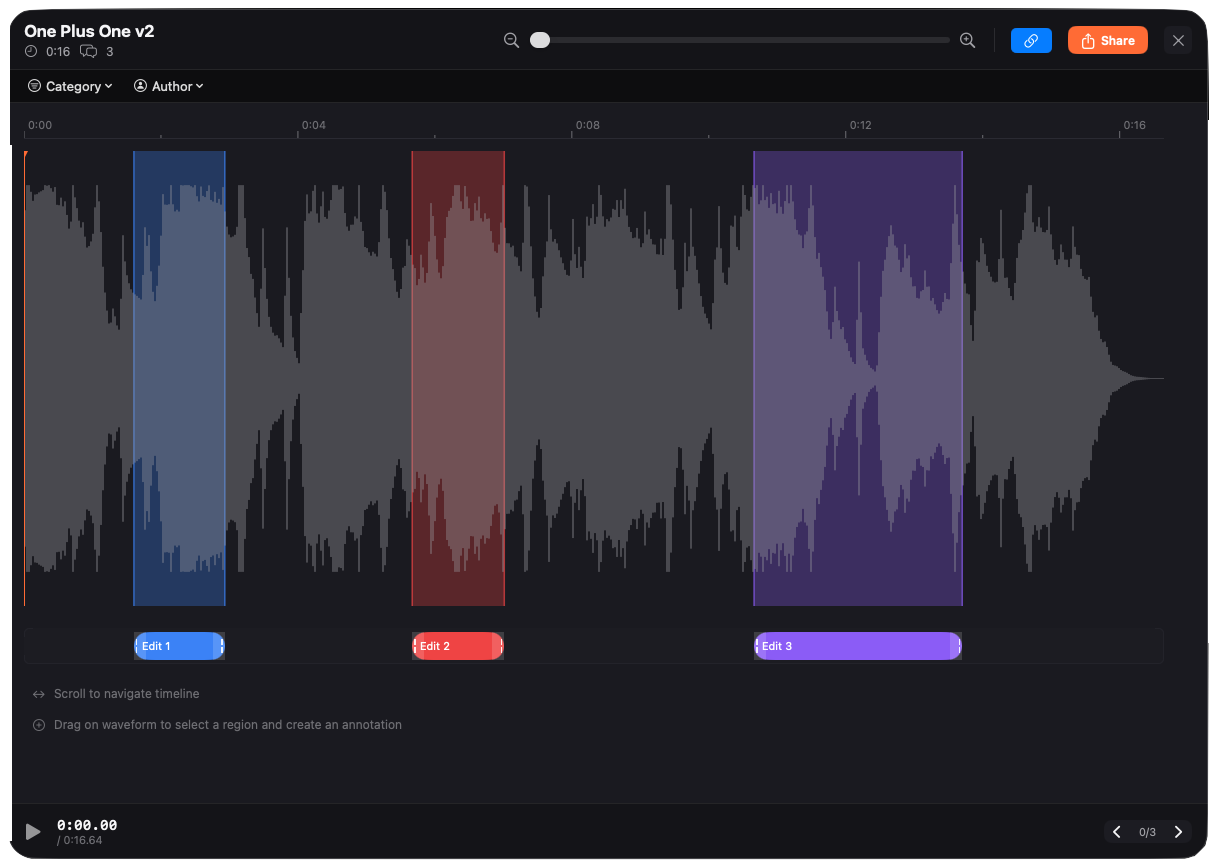 MixHaven waveform with time-coded annotations and collaboration comments for music feedback
